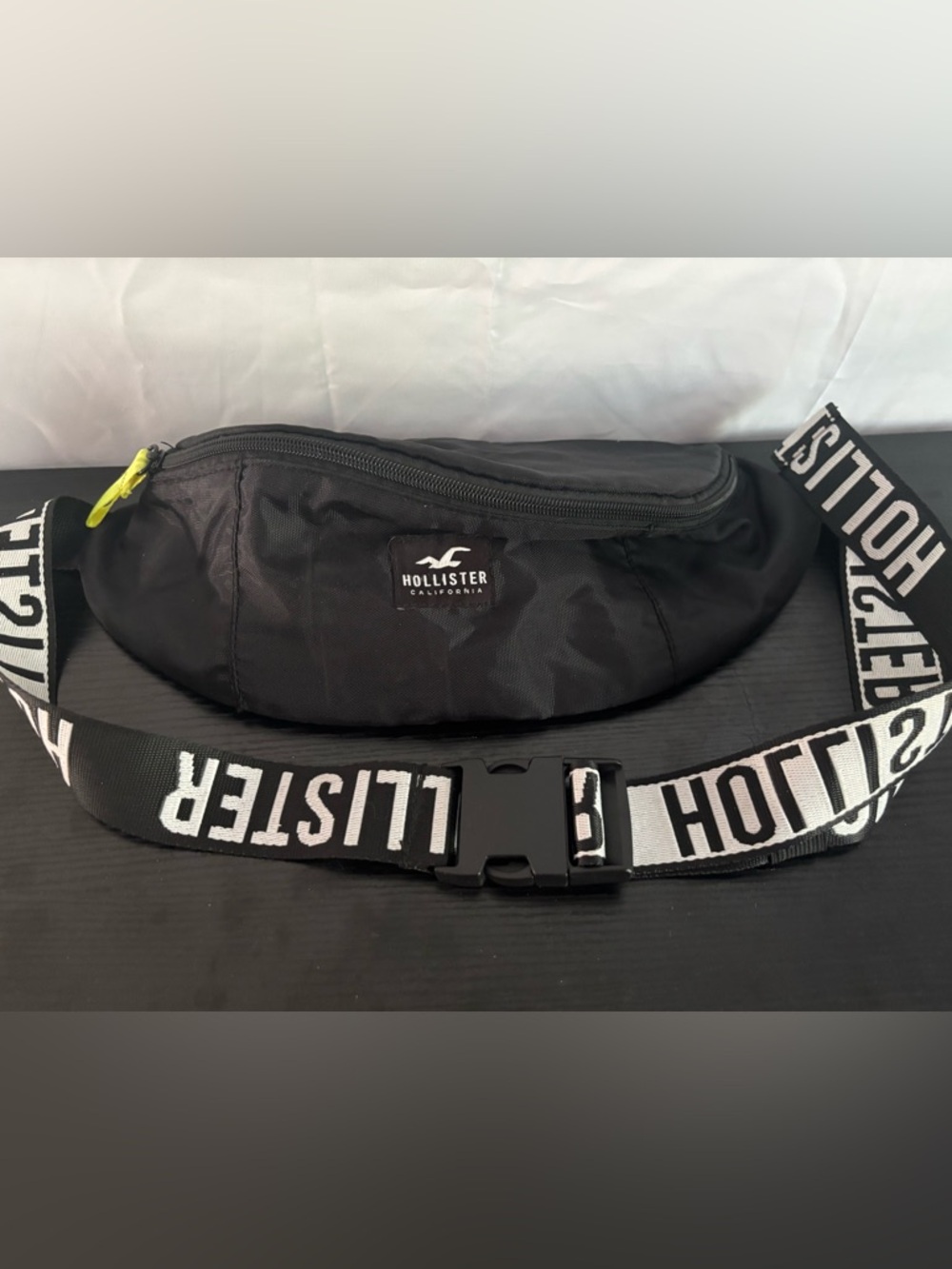 Hollister Black Waist Pack with Logo Strap and Yellow Pull